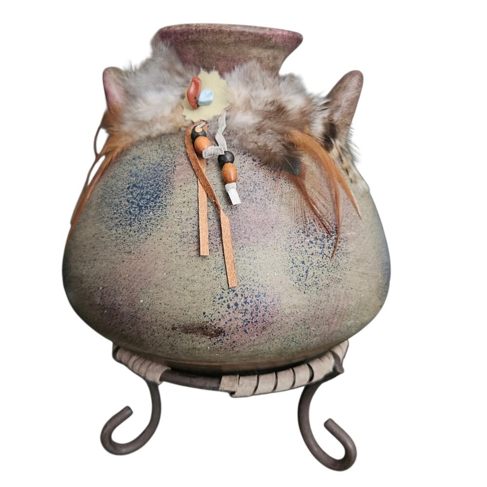 Southwestern Art Pottery Vase Vessel Feathers Leather Beads Metal Display Stand